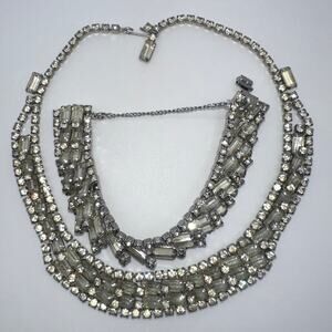 Vintage 1950s silver tone clear rhinestones tennis bracelet necklace parure